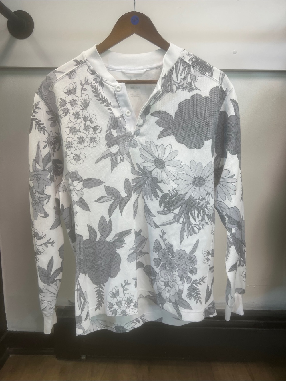 Nike White Long-Sleeve Henley with Gray Floral Print